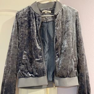 Grey and blue velvet jacket.